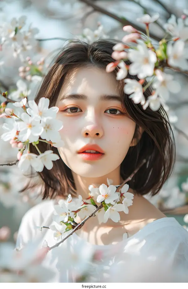 Beautiful Woman In White Shirt Standing Among Cherry Blossoms