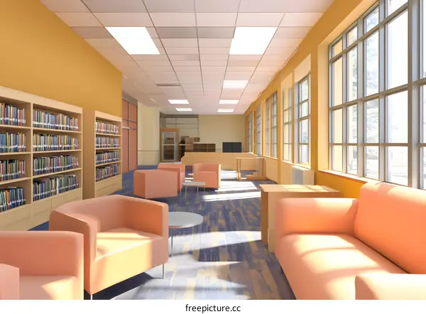 Modern Library Interior Design with Orange Armchairs and Bookshelves