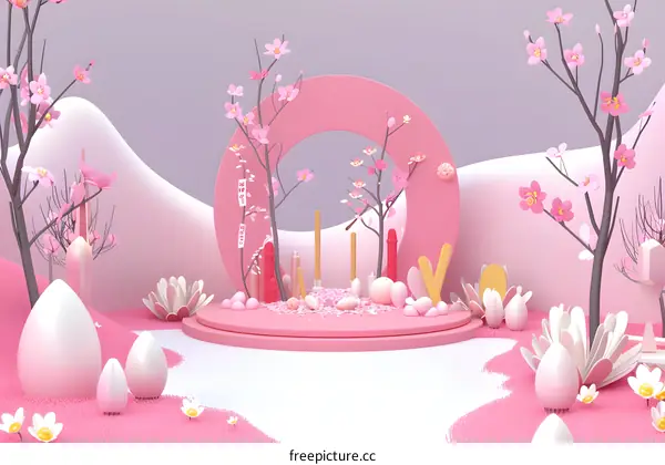 Pink Spring Scene with Cherry Blossoms and a Circle