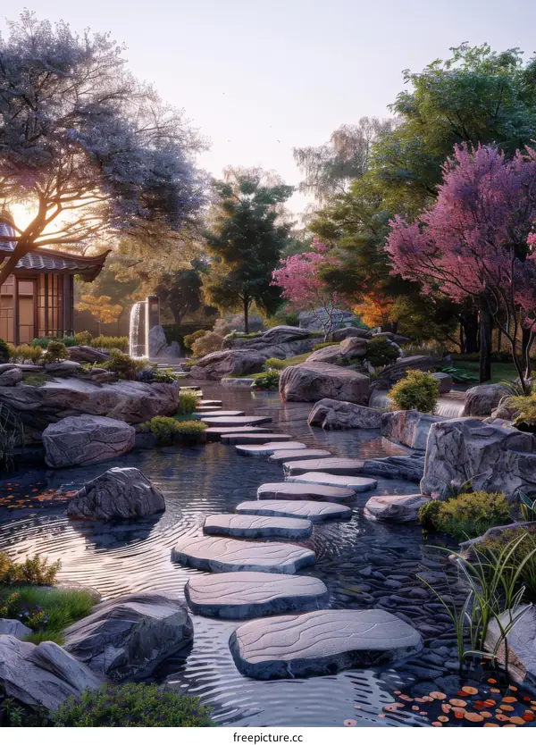 Stepping stones in a Japanese garden with a waterfall and cherry blossom trees