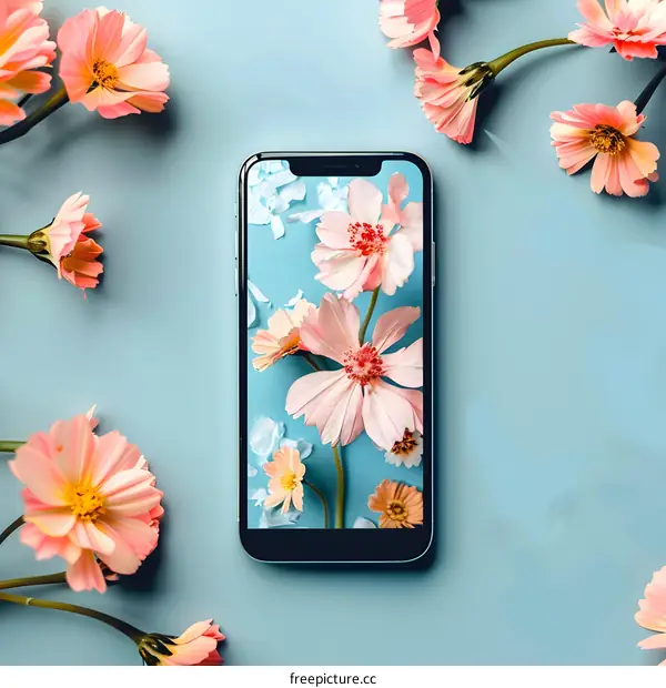 Pink Flowers on Phone Screen with Flowers Around It