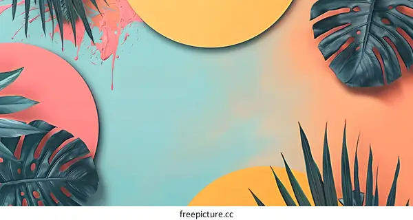 Tropical Leaves and Abstract Shapes on a Blue Background