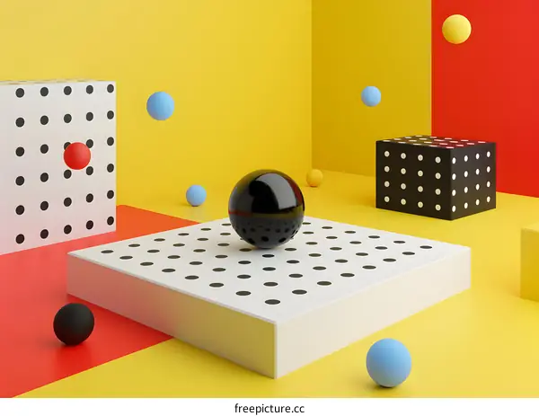 Abstract Yellow Red and Black Background with Geometric Shapes and Polka Dot Patterns