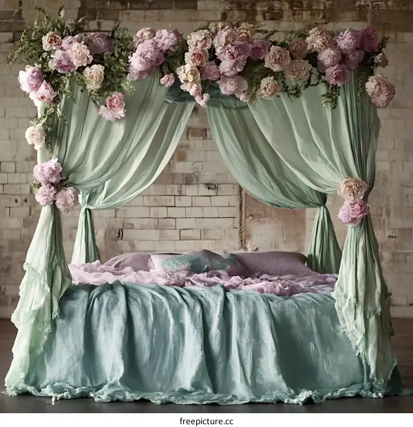 Romantic Canopy Bed With Flower Decorations