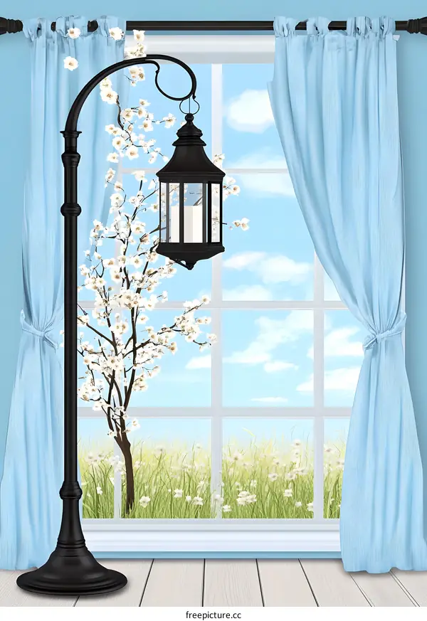 Black Metal Lantern With White Flowers In Front Of Window With Blue Curtains