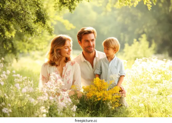 Family enjoying a sunny day in a field of flowers