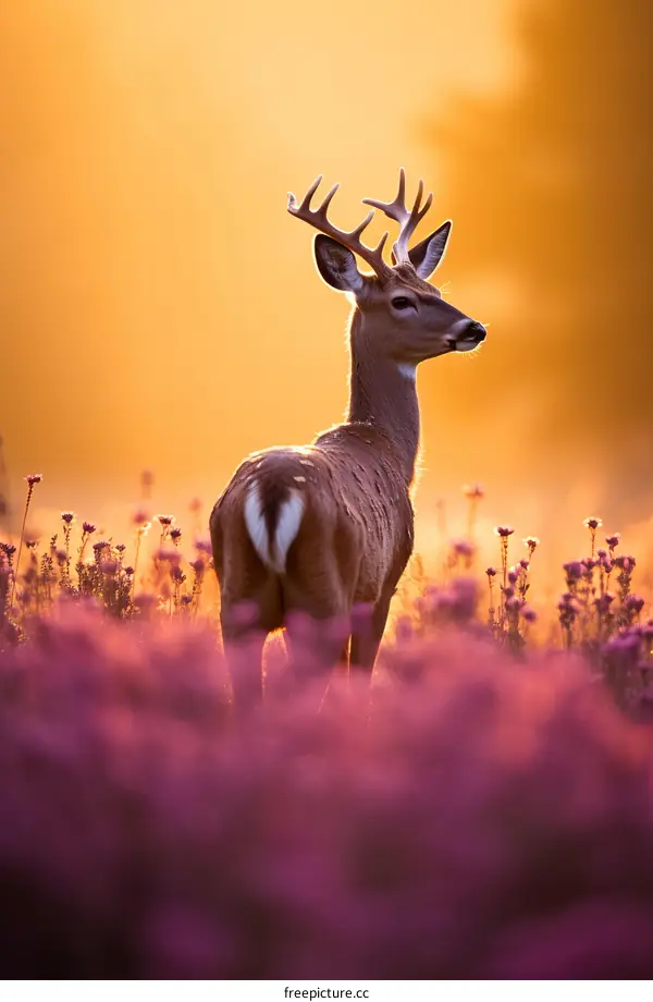 Solitary Deer in Purple Sunset Field
