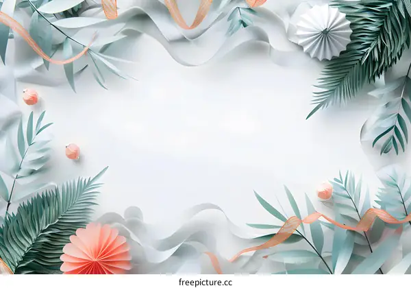 Abstract Minimalist Green Leaves with Pink and White Decorations and Ribbon Background