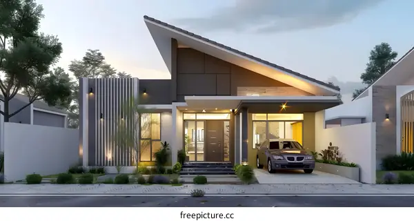 Modern House Exterior Design With Grey Car