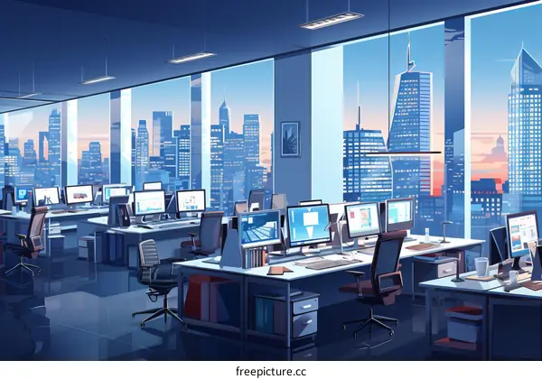 Empty Office at Night with City View Illustration