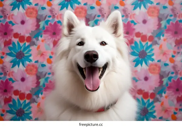 A smiling white dog with a pink collar stands in front of a floral background