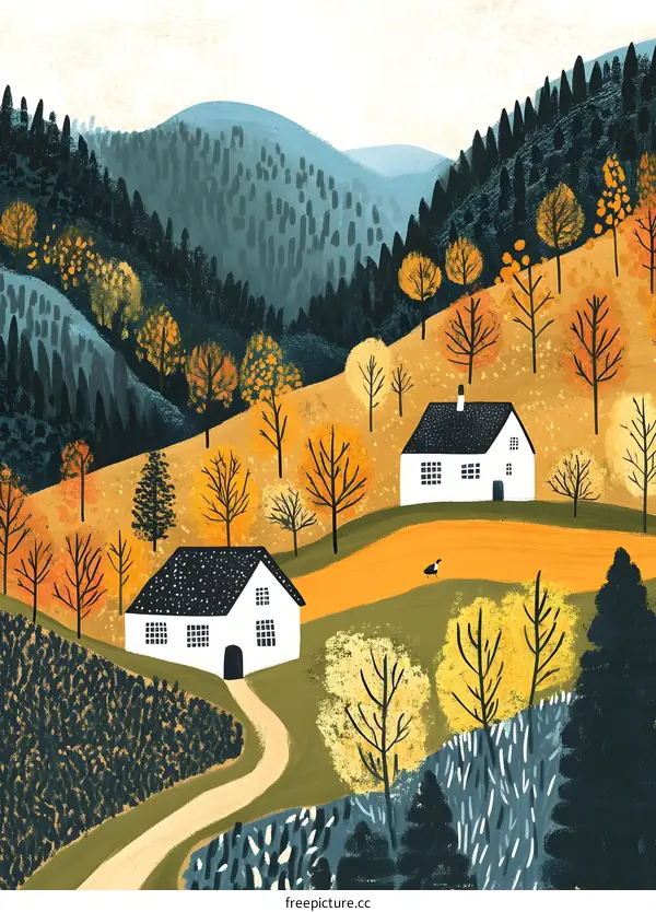 Autumn Landscape Illustration with Houses and Winding Path