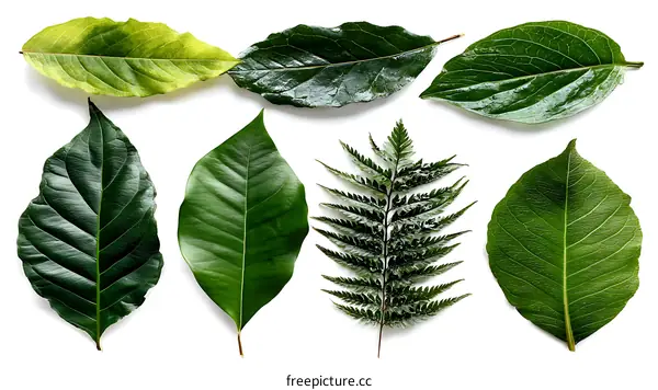 Assortment of Green Leaves on White Background