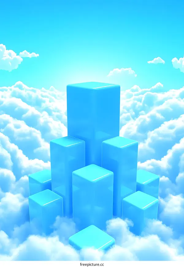 Abstract Blue Cubes in Sky with Clouds