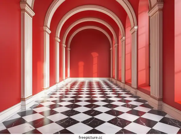 Red Hallway with Classical Architecture