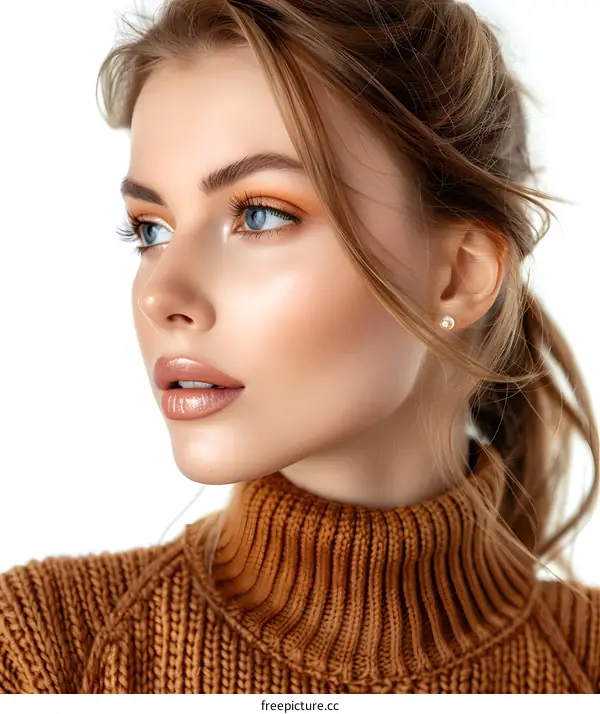 portrait of a beautiful young woman with brown hair and blue eyes wearing a brown sweater