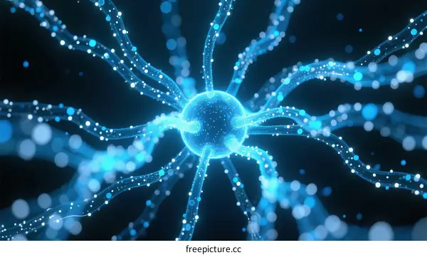 Neural Network Structure with Light Rays and Blue Glow