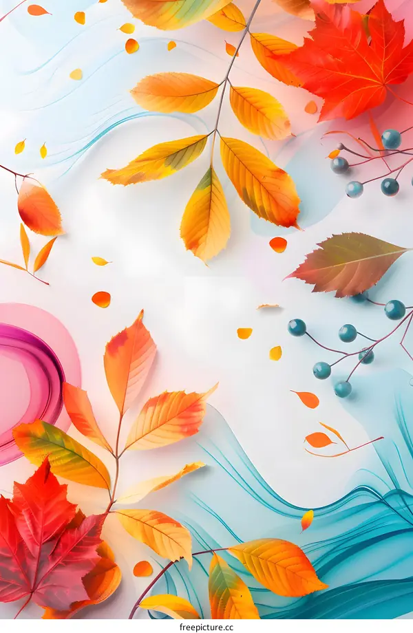 Autumn Leaves and Berries on White Background