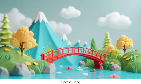 Miniature Red Bridge Over Blue River With Green Trees And Mountains In The Background