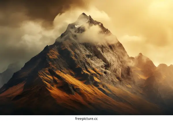 A majestic mountain peak rising above the clouds