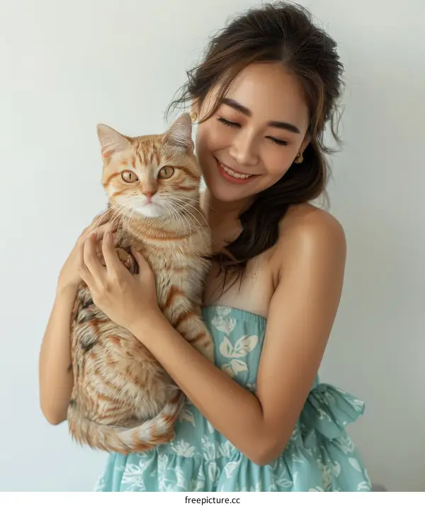 A young woman is hugging an orange cat