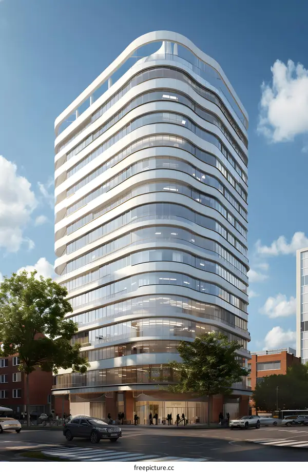 A modern office building with a curved glass facade