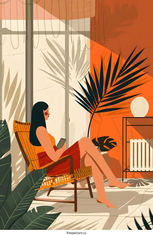 Woman Relaxing in a Wicker Chair with a Book