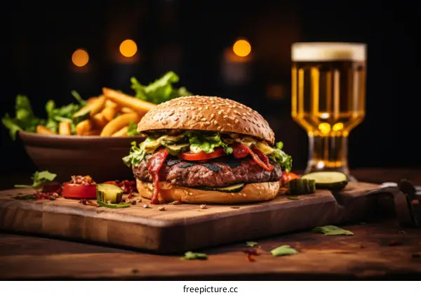 A delicious burger with fries and a glass of beer