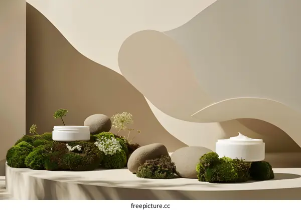 Minimalist Product Photography with Cream Jars on Moss and Stones