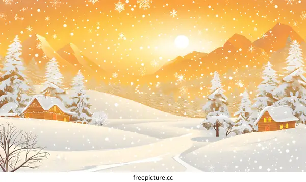 Winter Wonderland Landscape with Snowy Mountains and Houses
