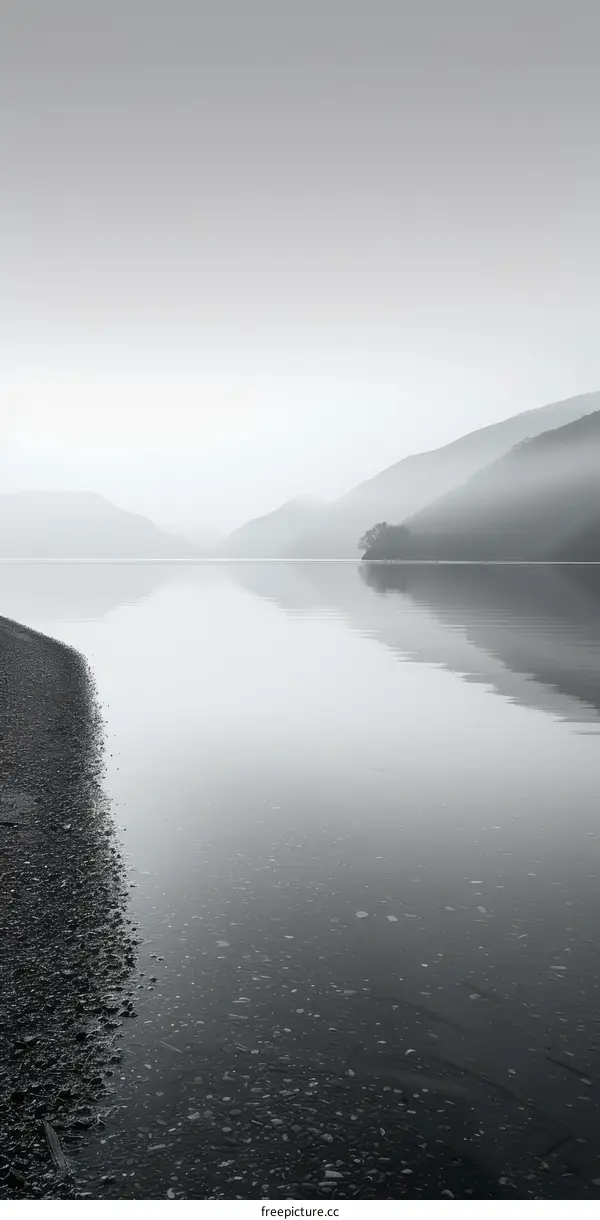 Black and white misty lake landscape