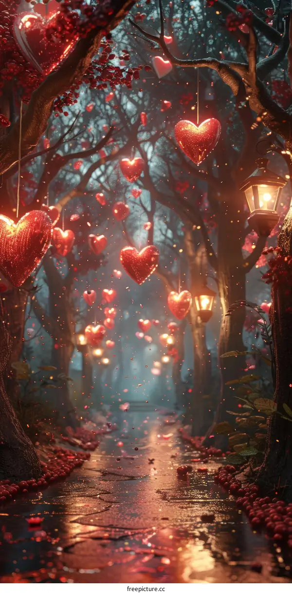 Mystical Red Heart Forest Trail with Glowing Lanterns
