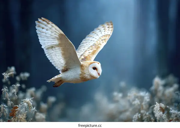 Barn Owl in Flight in a Mystical Forest Scene