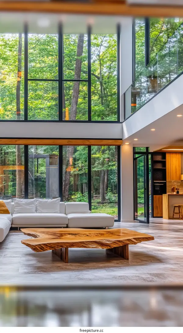 Modern Living Room with Large Windows and Wooden Coffee Table