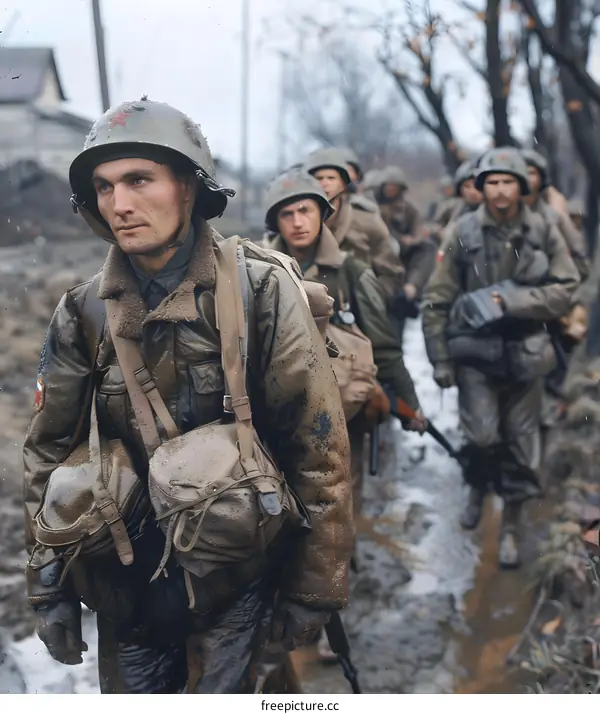 American soldiers march through the rain during World War II