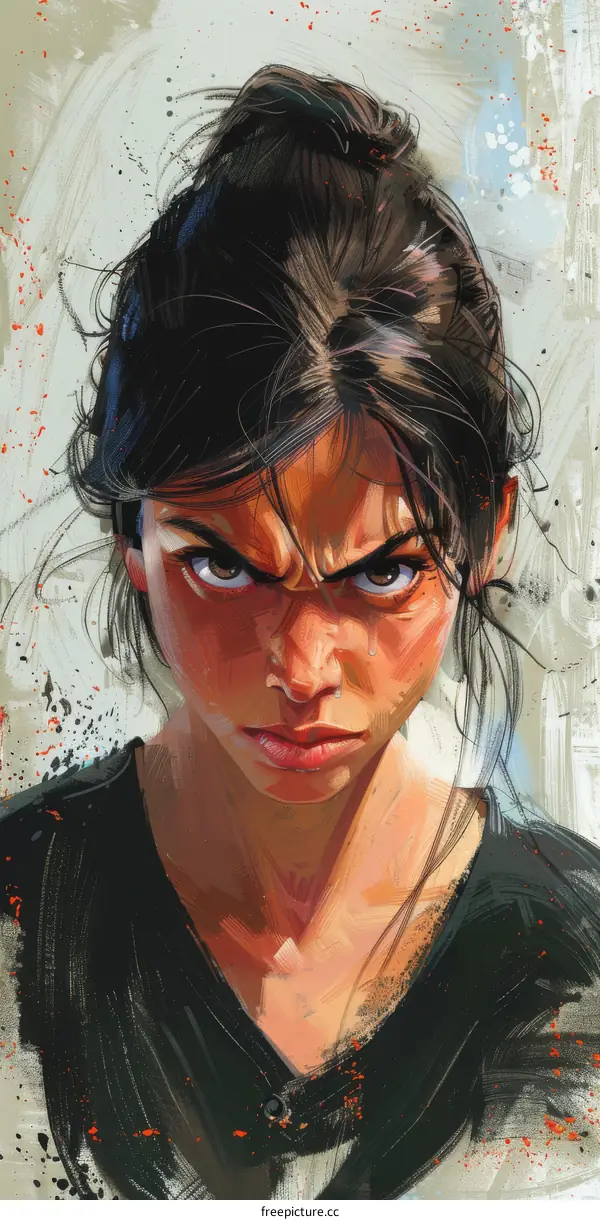 portrait of a young woman with brown hair and brown eyes looking at the viewer with an angry expression on her face