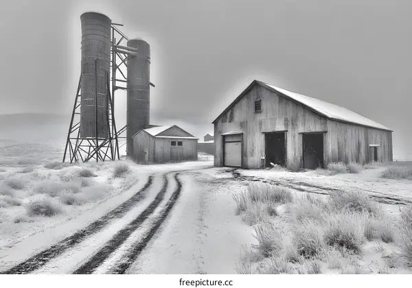 Black and White Photo of a Farm in the Snow
