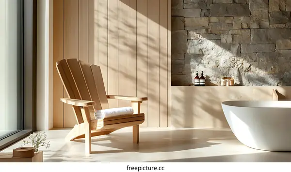 Modern Wooden Adirondack Chair in a Luxurious Bathroom