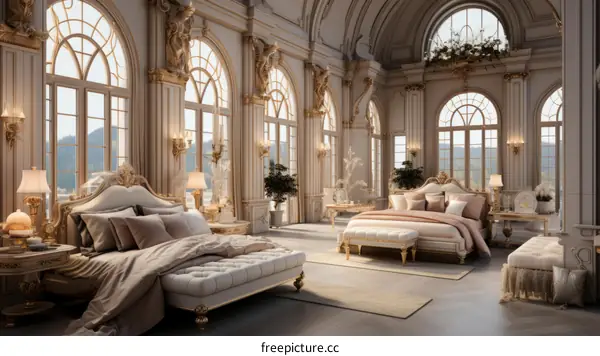 Ornate bedroom with two beds and a sitting area