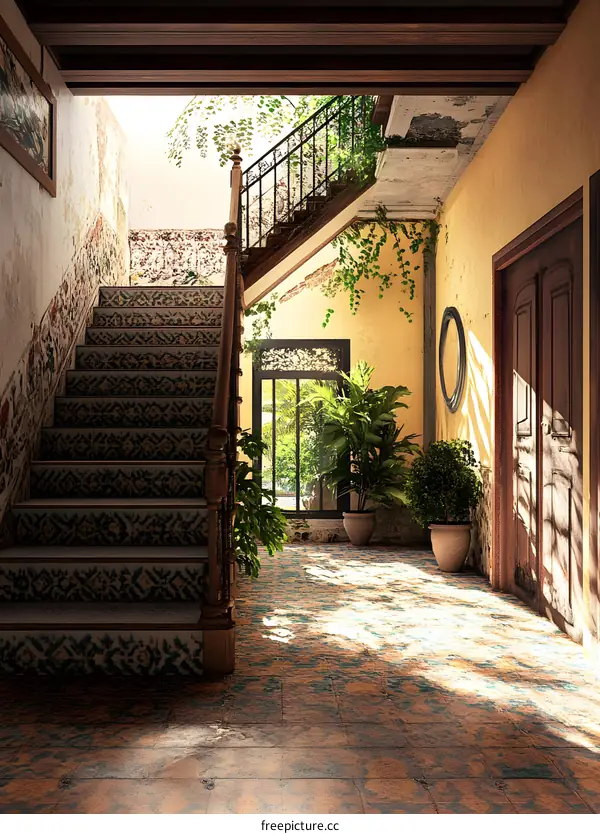 Vintage Spanish Style Home Interior Design with Staircase and Plants