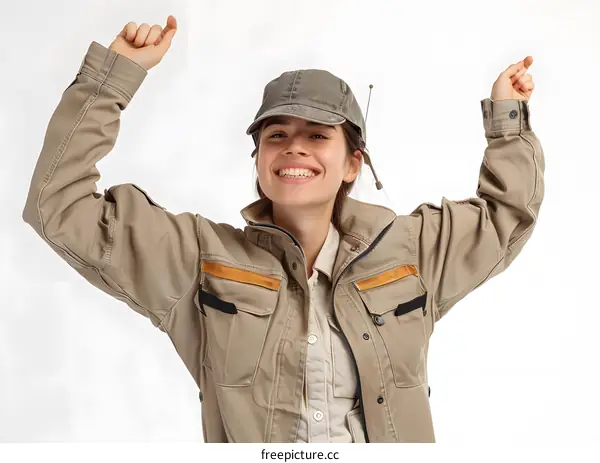 Portrait of a young woman in a brown cap and beige jumpsuit