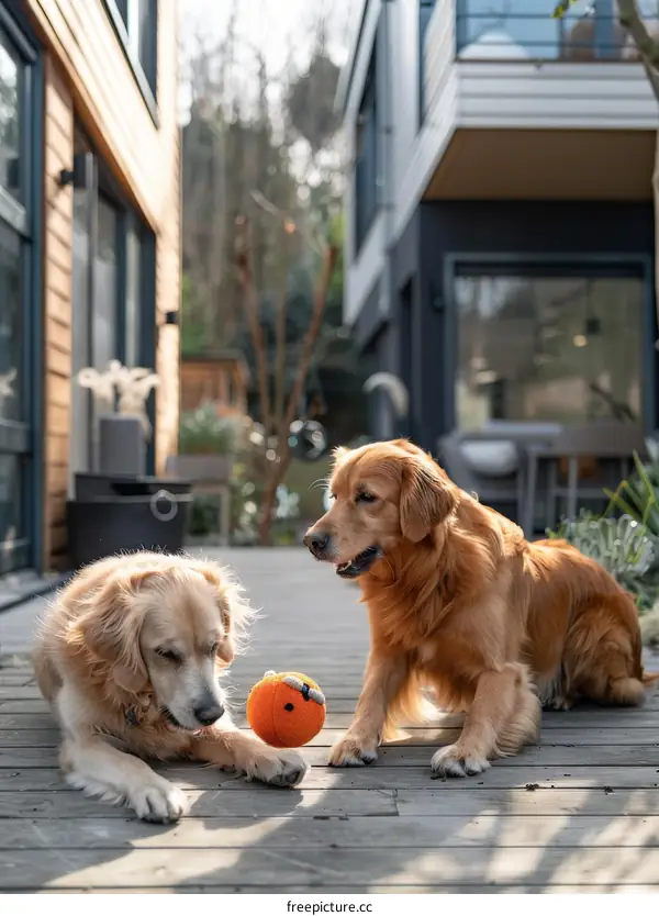 Golden Retrievers Playing Fetch on a Modern Deck