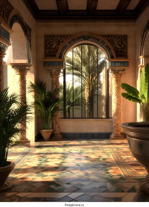 Interior Design of a Moroccan Style Room with Archways and Palm Trees