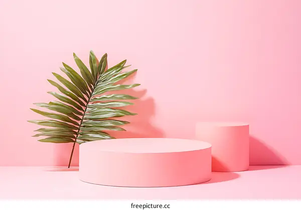 Pink Minimalist Scene with Tropical Leaf and Cylindrical Display Stands