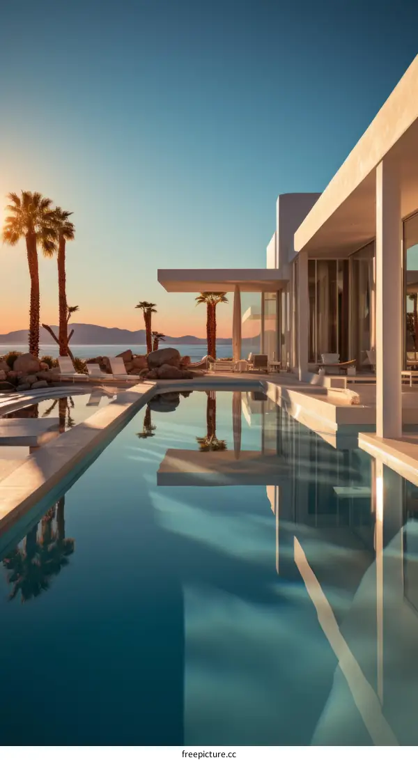 Modern minimalist villa with pool and palm trees