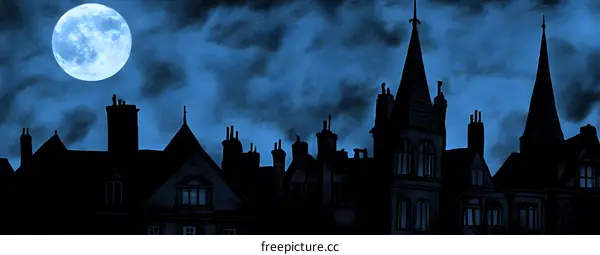 Silhouette of Houses with Full Moon in the Night Sky