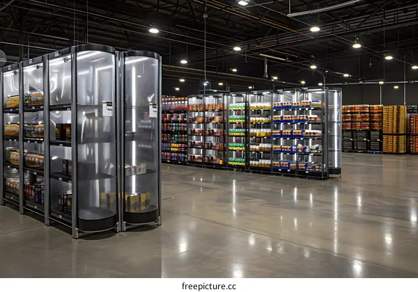 Empty Warehouse with Shelves Full of Food Items