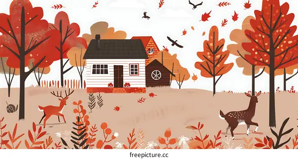 Autumn Forest House with Deer Illustration