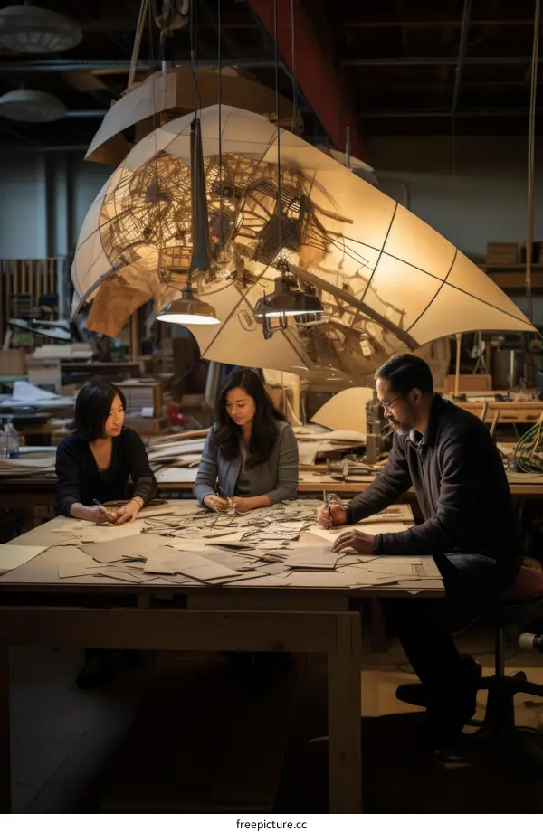 Three people working on a project in a wood shop