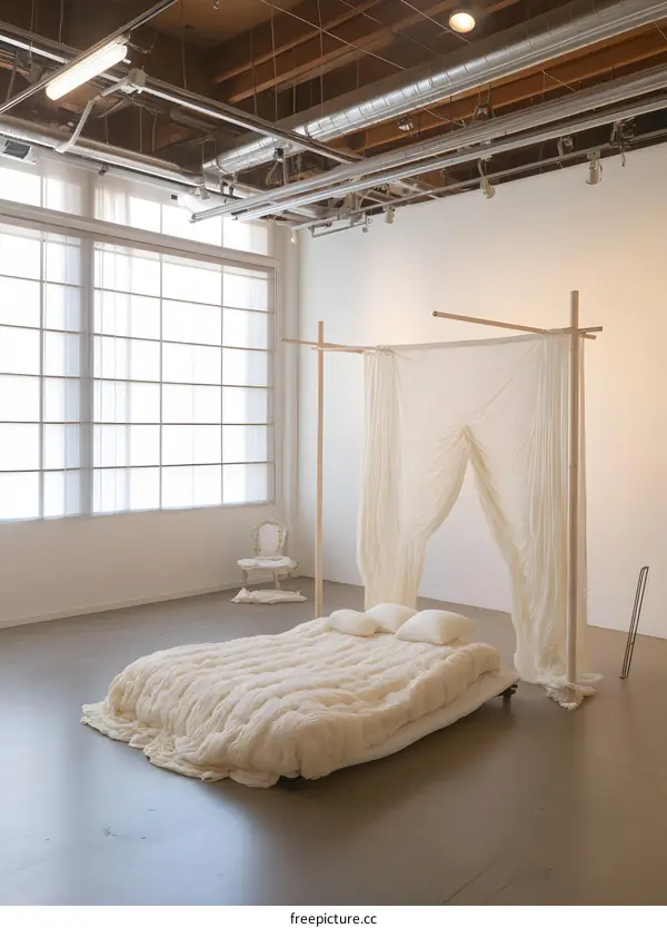 Minimalist White Bed Frame with Sheer Canopy in a Loft Style Room